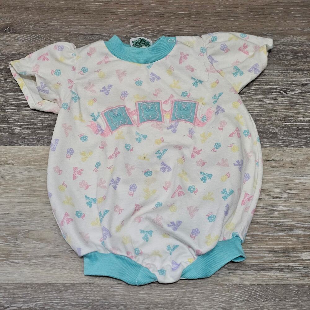 Health Tex Made in USA White Pastel Bodysuit Blue Pink Vintage 90s Girls Baby